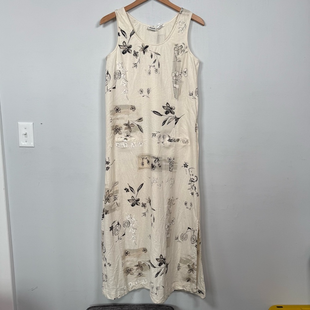 Line Two Vintage Rayon/Linen Floral Cream Sleeveless Dress, Size L